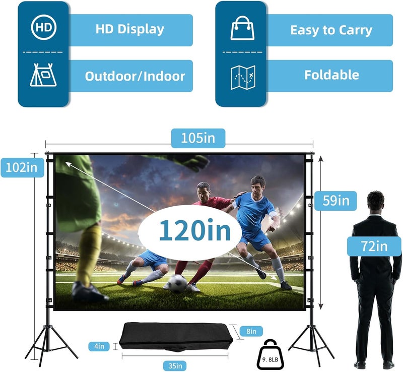 TOWOND شاشة بروجكتور وحامل، شاشة عرض خارجية 120 بوصة، شاشة أفلام محمولة 16:9 4K HD مع حقيبة حمل وتصميم خالي من التجاعيد للسينما المنزلية في الفناء الخلفي - Image 4