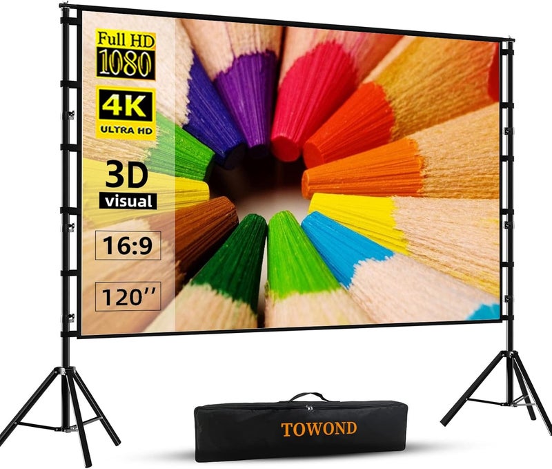 TOWOND شاشة بروجكتور وحامل، شاشة عرض خارجية 120 بوصة، شاشة أفلام محمولة 16:9 4K HD مع حقيبة حمل وتصميم خالي من التجاعيد للسينما المنزلية في الفناء الخلفي - Image 1
