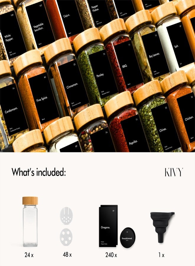 KIVY Spice Jars with Shaker Insert [24 x 120 ml] + 240 Waterproof Labels - Airtight Spice Jars Square (Spice Jars Black Bamboo Lid) - Image 3