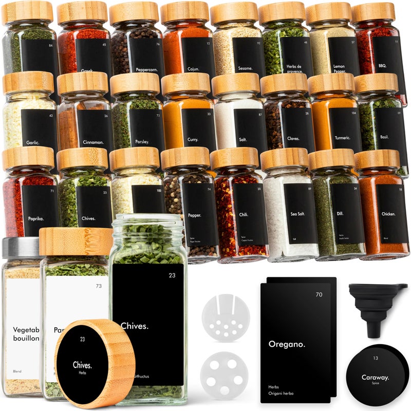 KIVY Spice Jars with Shaker Insert [24 x 120 ml] + 240 Waterproof Labels - Airtight Spice Jars Square (Spice Jars Black Bamboo Lid) - Image 1