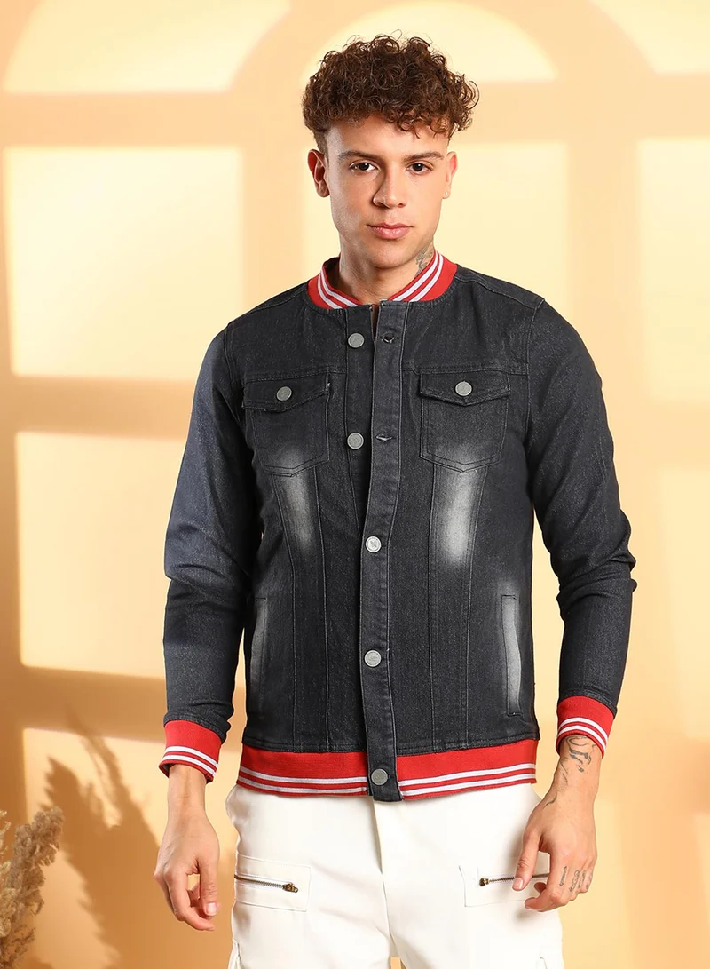 Campus Sutra Men's Black Dark-Wash Denim Jacket With Contrast Hem