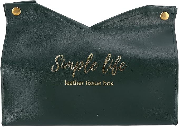 Green Synthetic Leather Tissue Box Cover With Printed Font For Home Office Decor - Image 1