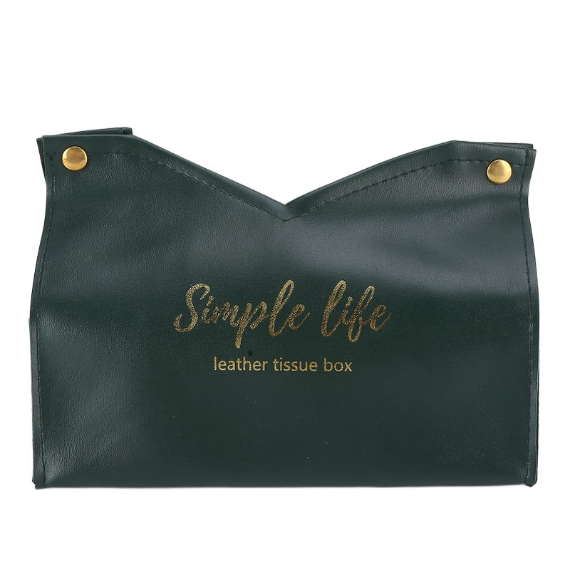 Green Synthetic Leather Tissue Box Cover With Printed Font For Home Office Decor - Image 2