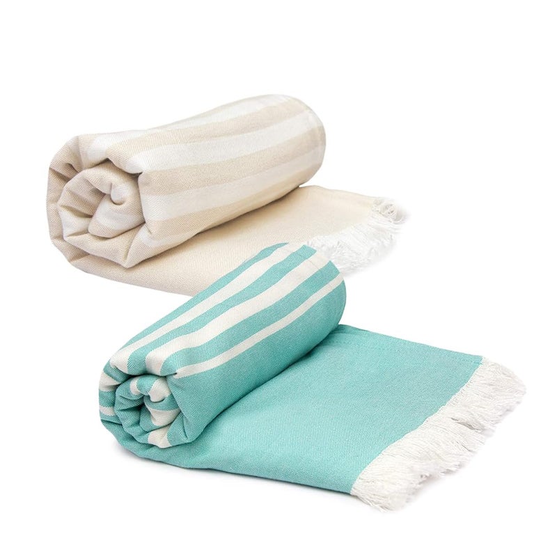 Mush Bamboo Turkish Towel | 100% Bamboo |Ultra Soft, Absorbent & Quick Dry Towel for Bath, Beach, Pool, Travel, Spa and Yoga | 29 x 59 Inches (Aqua & Beige) - Image 1