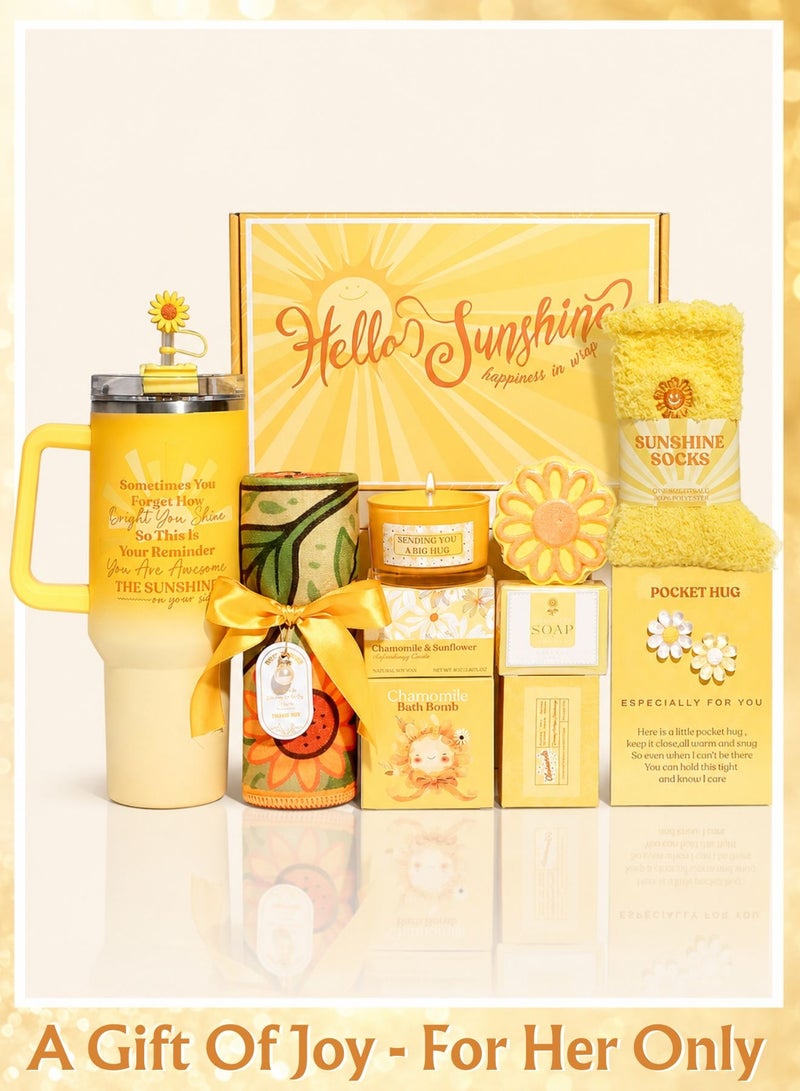 ريفا صندوق هدية Hello Sunshine للنساء، مجموعة عناية شخصية 9 قطع، سلة سبا مع كوب حراري، شمعة معطرة، كرة استحمام، صابون، جوارب، هدية استرخاء مثالية لعيد الميلاد وهدايا الشكر - Image 1