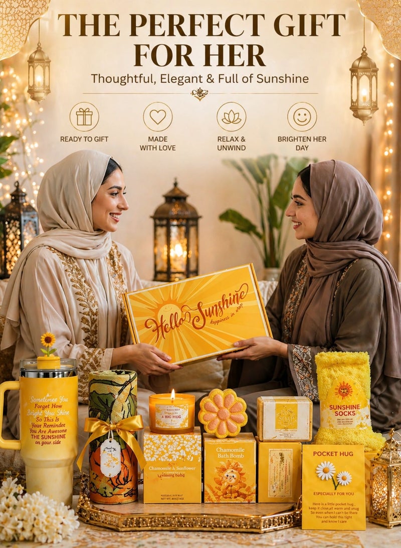 ريفا صندوق هدية Hello Sunshine للنساء، مجموعة عناية شخصية 9 قطع، سلة سبا مع كوب حراري، شمعة معطرة، كرة استحمام، صابون، جوارب، هدية استرخاء مثالية لعيد الميلاد وهدايا الشكر - Image 4