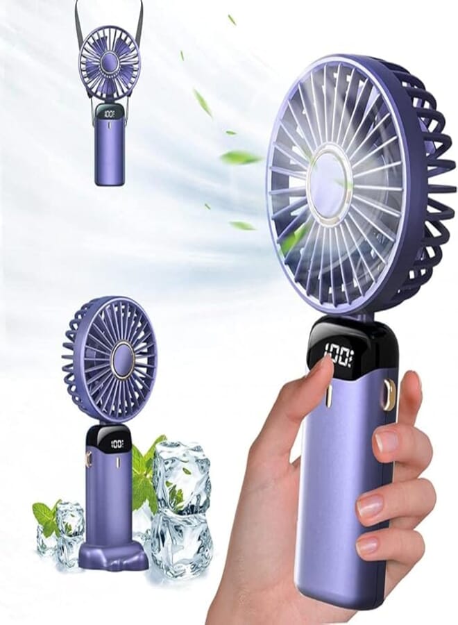 Goodern Mini Handheld Fan,Multi-Functional Portable Personal Fan Hanging Neck Fan 90° Adjustable Led Display USB Rechargeable 3000mAh Small Desk Fan 5 Speed for Women Men Home Office Travel-Purple