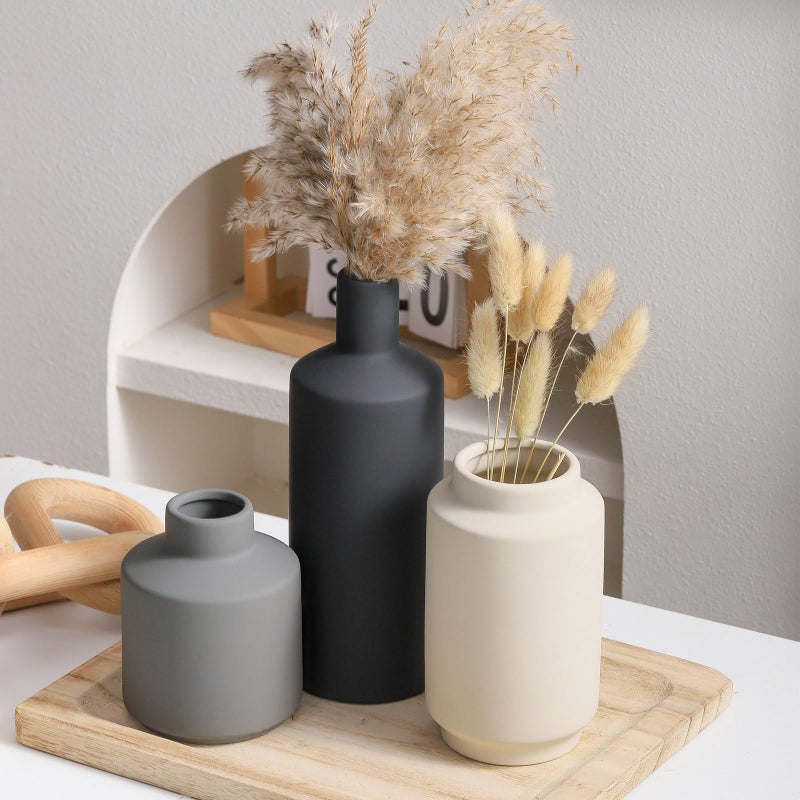 Mitt&Ditt Ceramic Vase Set of 3, Modern Decorative Vases for Home Decor, Small Flower Pottery Vase Sets, Boho Farmhouse Rustic Vases for Living Room, Kitchen, Bedroom, Bathroom, Shelf, Table - Image 3
