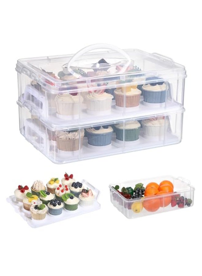 Barakah 2-Tier Cupcake Carrier with Lid, Stackable Cupcake Container Holding 24 Pastries, Clear Plastic Cake Keeper for Birthday Parties, Bakeries, and Special Events - Image 1