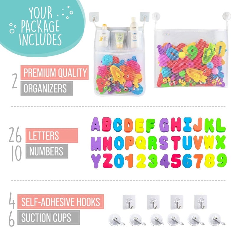 Comfylife 2 x Mesh Bath Toy Organizer + 6 Ultra Strong Hooks + 36 Bath Letters & Numbers - Eco-Safe, Fun, Educational Foam Letters and Perfect Toy Storage Net for Baby Bath Toys & More - Image 5