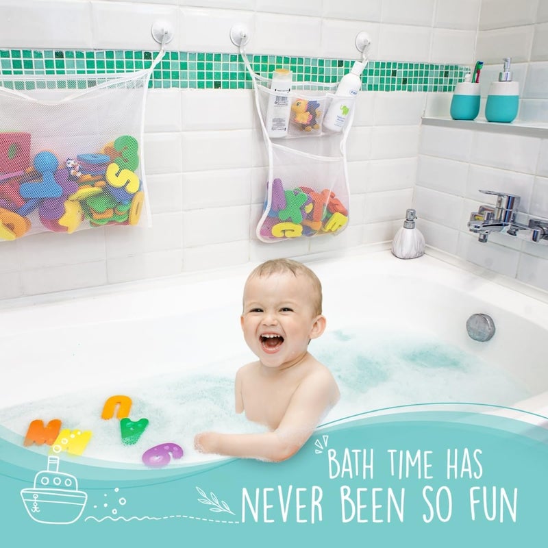 Comfylife 2 x Mesh Bath Toy Organizer + 6 Ultra Strong Hooks + 36 Bath Letters & Numbers - Eco-Safe, Fun, Educational Foam Letters and Perfect Toy Storage Net for Baby Bath Toys & More - Image 3