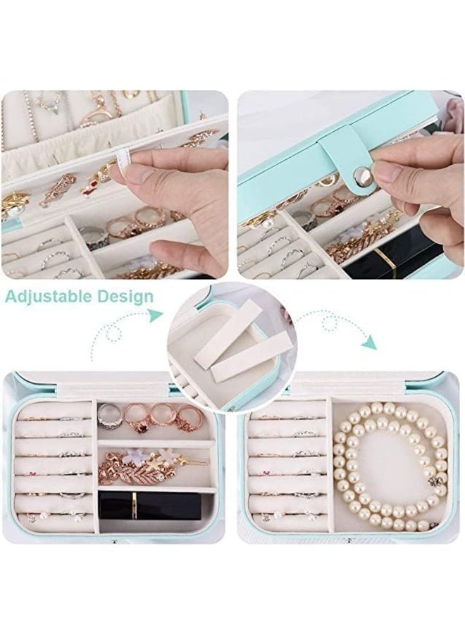 Travel Jewelry Box – Small Leather Jewelry Organizer for Women and Girls – 3-Tier Holder with Hooks – Portable Storage Case for Earrings, Rings, and Bracelets (High Quality) (Light Blue) - Image 5
