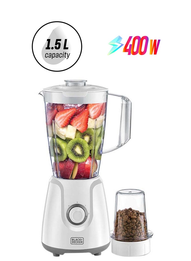 BLACK+DECKER Blender with Grinder Mill, 1.5L Jar, Durable Stainless Steel Blades, 2-Speed + Pulse Function, Built-in Thermostat for Safety, Compact Design, Easy to Clean, 1.5 L 400 W BX4030-B5 White/Clear - Image 1