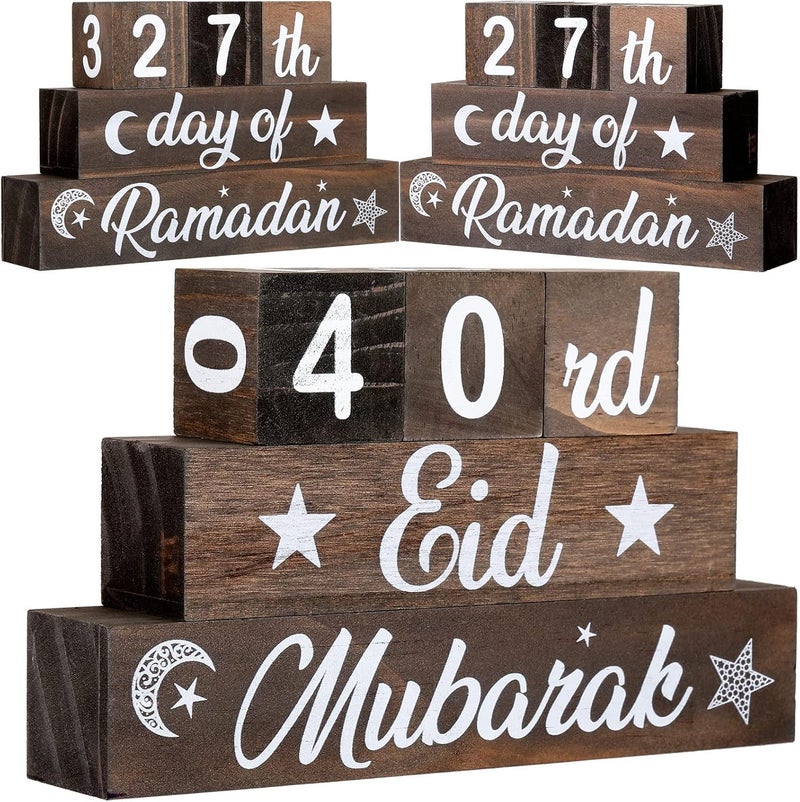 Chunful 5 Pieces Ramadan Calendar Block Set Ramadan Advent Countdown Eid Calendar Countdown Calendar Ramadan Table Decor Ramadan Wood Sign Ramadan Mubarak Wooden Ornament Block (Light Brown) - Image 1