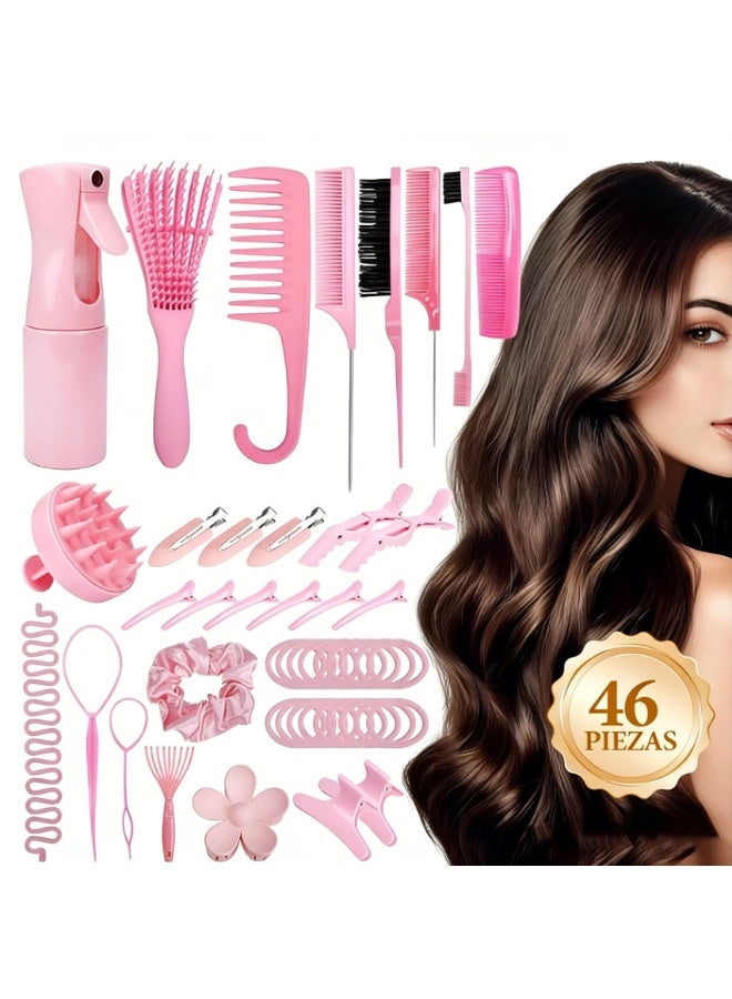 NIBEMINENT Hair Brush Set, 46 pcs Detangler Brush with Hair Spray Bottle, Scalp Massager for Wet Dry Curly Hair, Bristle Hair Brush Hair Comb for Women Girl - Image 1