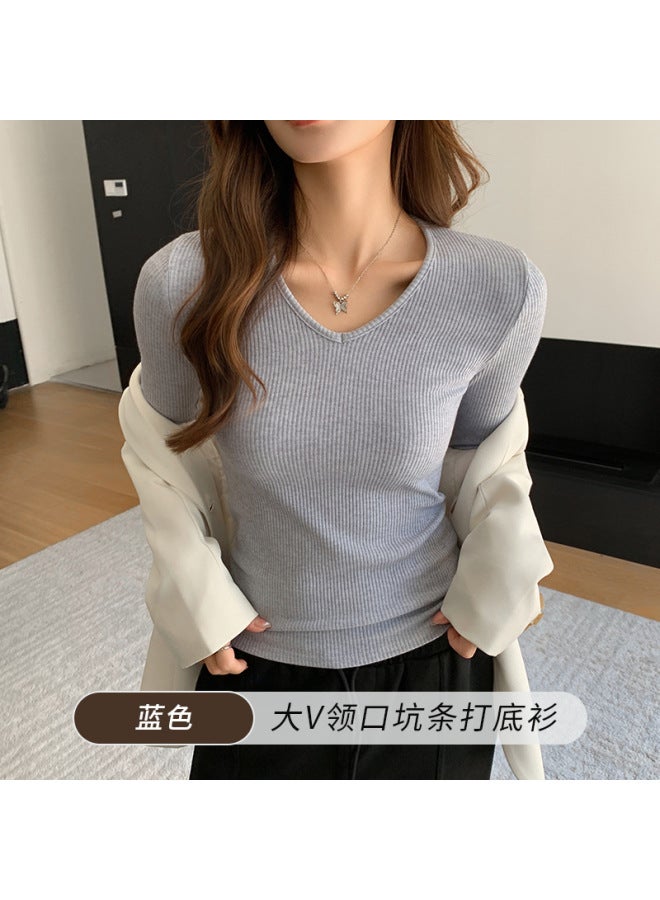 K1301 Korean V Neck Stripesd Knitted Bottoming Shirt For Women In Autumn And Winter New Style Slimming Look Long-sleeved Top