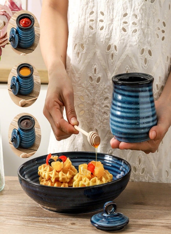 Tikooere Ceramic 12 Ounce Honey Jar and Dipper Set,Porcelain Honey Pot with Lid and Wooden Dipper,Cute Honey Containers for Party,Holiday,Halloween Favors,Farmhouse Kitchen Decor,Dishwasher Safe,Blue - Image 3