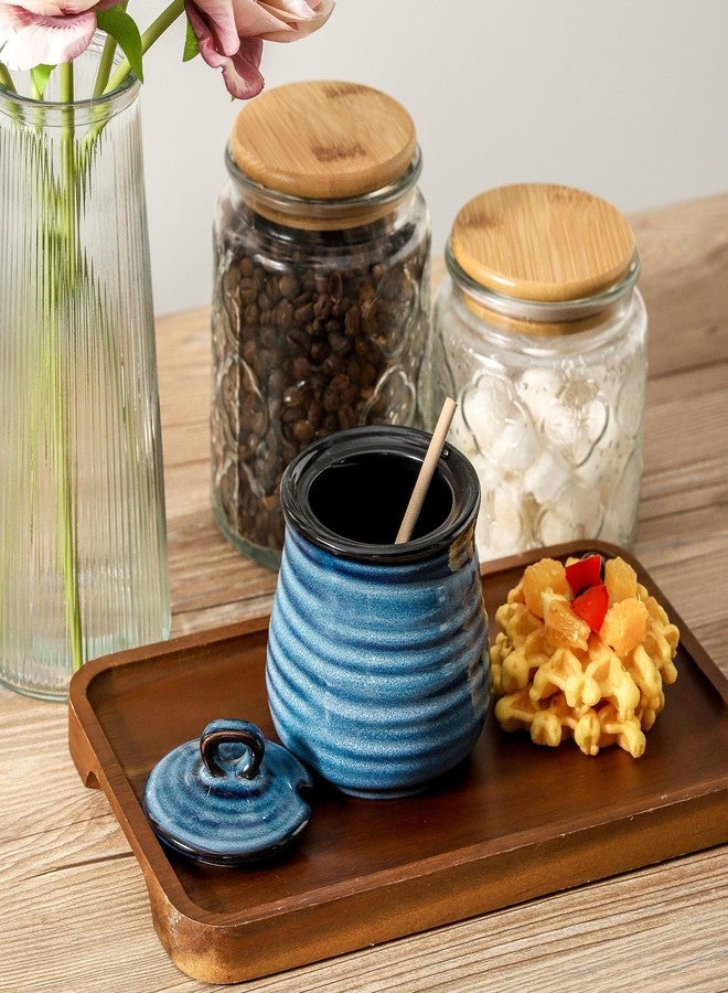 Tikooere Ceramic 12 Ounce Honey Jar and Dipper Set,Porcelain Honey Pot with Lid and Wooden Dipper,Cute Honey Containers for Party,Holiday,Halloween Favors,Farmhouse Kitchen Decor,Dishwasher Safe,Blue - Image 4