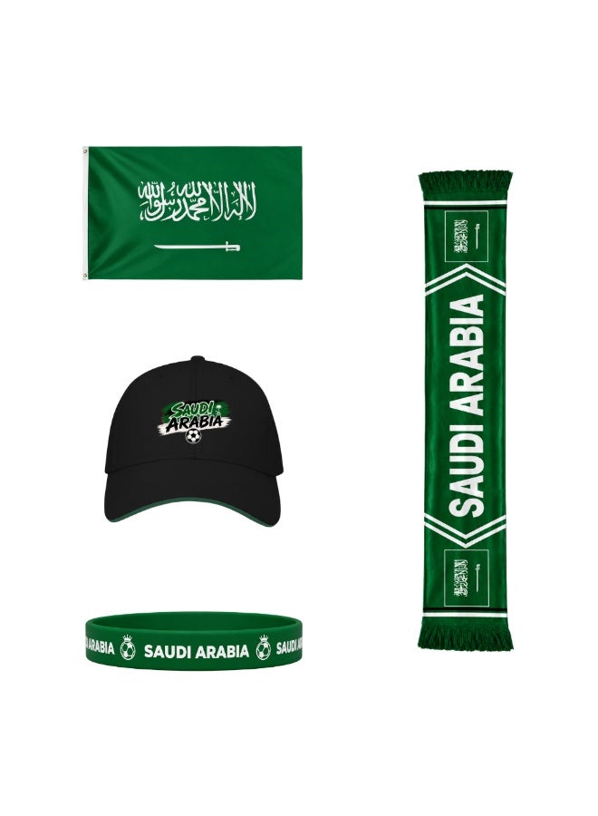 PRINTSHOP4ME Saudi Arabia Football Sports Combo Pack | Set of 4 | Flag, Scarf, Cap and Silicone Wristband | Unisex Sports Match Outdoor Wear for Men Women - Image 1
