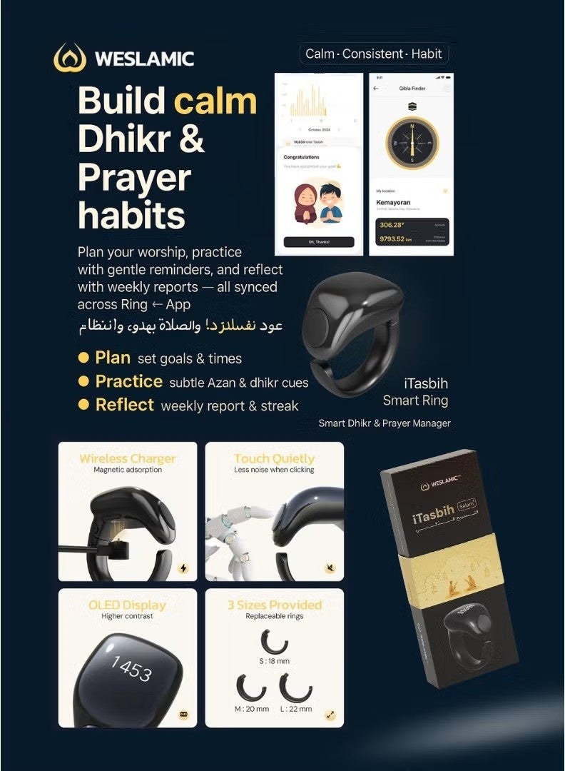 iTasbih Salam Plus Smart Zikr Counter Ring with OLED Display | Digital Tasbih Ring with Prayer Reminder & Bluetooth App Sync | Waterproof Islamic Dhikr Finger Counter with Magnetic Charging & Adjustable Fit | Portable Prayer Tracker Wearable for Men & Women - Image 4