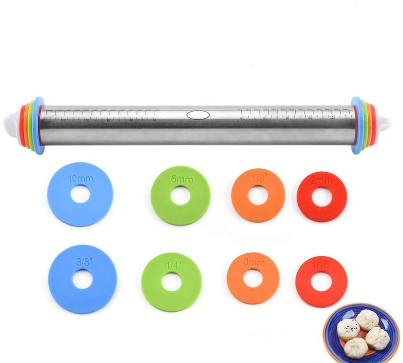 Tuqiso Rolling Pin and Silicone Baking Pastry Mat Set, Stainless Steel Dough Roller with Adjustable Thickness Rings, for Pizza, Pie, Pastries, Pasta, Cookies (Red) - Image 3