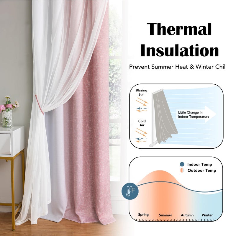 Geomoroccan Ombre 100% Blackout Curtains 84 Inches Long 2 Panels for Girls Bedroom Living Room Pink and White Double Layer Sheer Overlay Mix & Match Grommet Thermal Soundproof Drapes with Tiebacks - Image 4