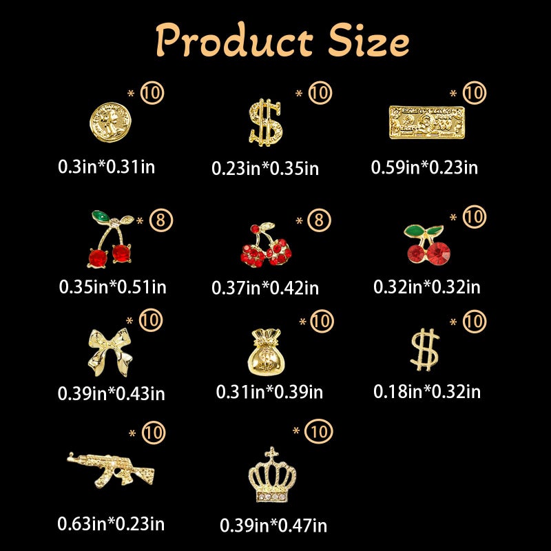 Pizadix 106 Pcs Gold Nail Charms with Dollars Sign, Coins, Cherries, Crowns, Guns and Bows for Nail Art Decoration Jewelry - Image 3
