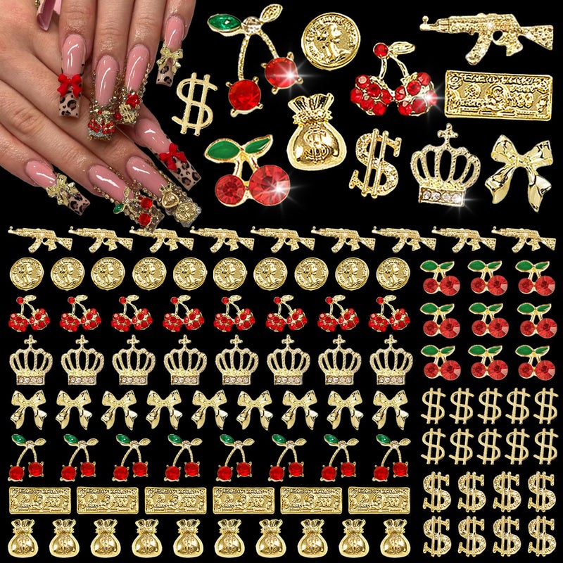 Pizadix 106 Pcs Gold Nail Charms with Dollars Sign, Coins, Cherries, Crowns, Guns and Bows for Nail Art Decoration Jewelry - Image 1