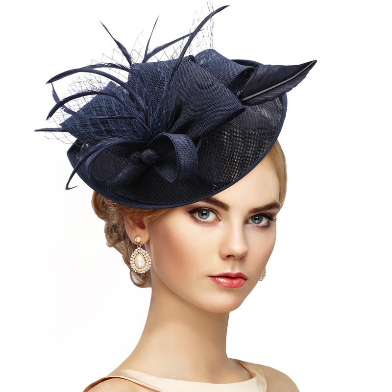 Zinniday Tea Party Hat for Women - Derby Fascinator with Detachable Headband (9.64â€œx7.87â€ / Head Circumference 21.5â€œ-23.5â€) - Lightweight Feather & Polyester Navy Blue - Image 1