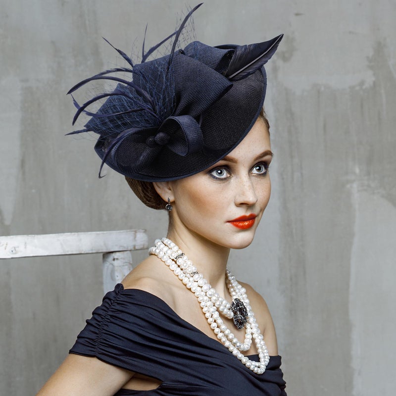 Zinniday Tea Party Hat for Women - Derby Fascinator with Detachable Headband (9.64â€œx7.87â€ / Head Circumference 21.5â€œ-23.5â€) - Lightweight Feather & Polyester Navy Blue - Image 3
