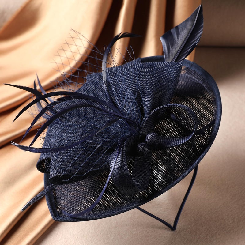 Zinniday Tea Party Hat for Women - Derby Fascinator with Detachable Headband (9.64â€œx7.87â€ / Head Circumference 21.5â€œ-23.5â€) - Lightweight Feather & Polyester Navy Blue - Image 4