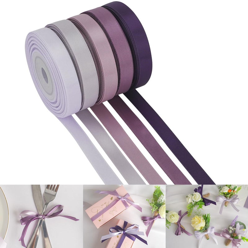 HUIHUANG Satin Ribbon 3/8 inch x 5 Rolls, Lilac, Dusty Purple, Lavender, Amethyst and Purple for Crafts, Gift Wrapping, Hair Decor, Wedding, Bridal Shower Decor - Total 50 Yards - Image 1