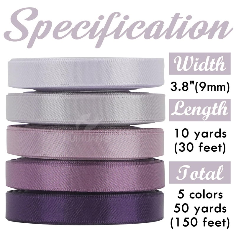 HUIHUANG Satin Ribbon 3/8 inch x 5 Rolls, Lilac, Dusty Purple, Lavender, Amethyst and Purple for Crafts, Gift Wrapping, Hair Decor, Wedding, Bridal Shower Decor - Total 50 Yards - Image 2