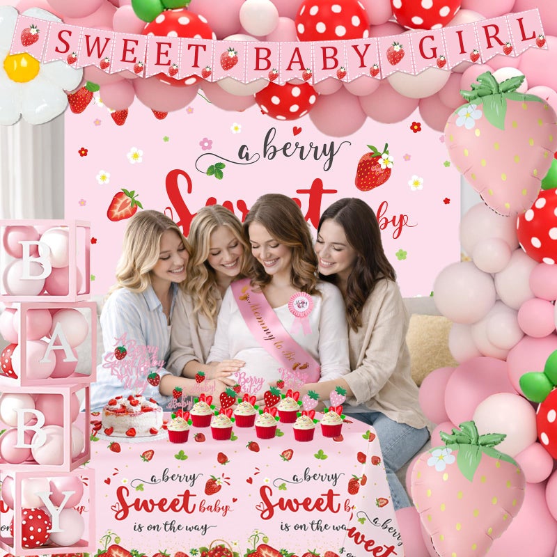 FengRise Strawberry Baby Shower Decorations, A Berry Sweet Baby Is On The Way Decorations for Girl, It's a Girl Gender Reveal, Red and Pink Backdrop Balloon Arch Box Tablecloth Cake Topper Party Decor 141pcs - Image 3
