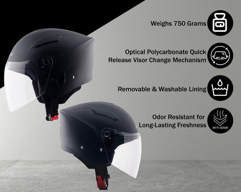 Vega Orion Open Face Motorcycle Helmet with Matte Shell, Shock Absorbing Liner, Comfortable Interior, Ventilated Fit, Durable Build, and Trendy Dull Black Finish Dull Black-L - Image 4
