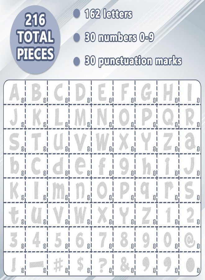 Pinsit 216Pcs Glitter Bulletin Board Letters, Alphabet Number Poster Board Letters Punctuation with Adhesive Dots, Symbols Cutout Bulletin Board Decoration for Classroom School Office Wall Decor (Silver,4in) - Image 3