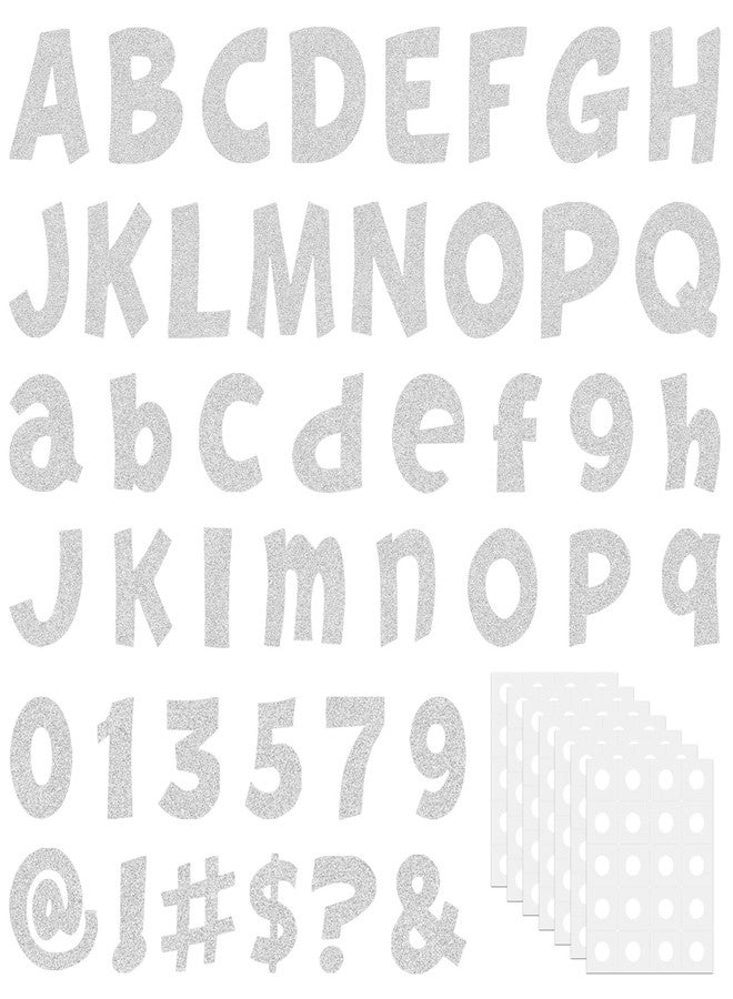 Pinsit 216Pcs Glitter Bulletin Board Letters, Alphabet Number Poster Board Letters Punctuation with Adhesive Dots, Symbols Cutout Bulletin Board Decoration for Classroom School Office Wall Decor (Silver,4in) - Image 1