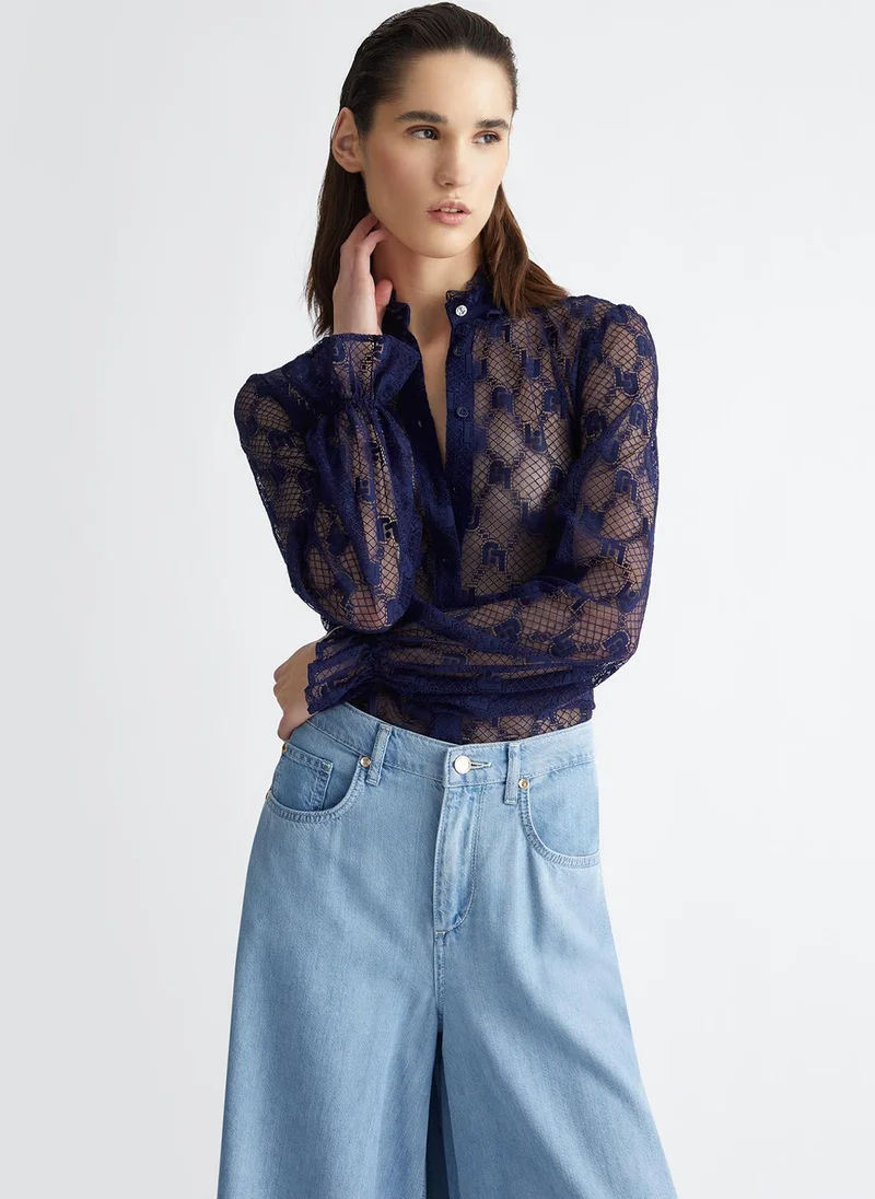 ليو جو قميص دانتيل مزبن بشعار الماركة