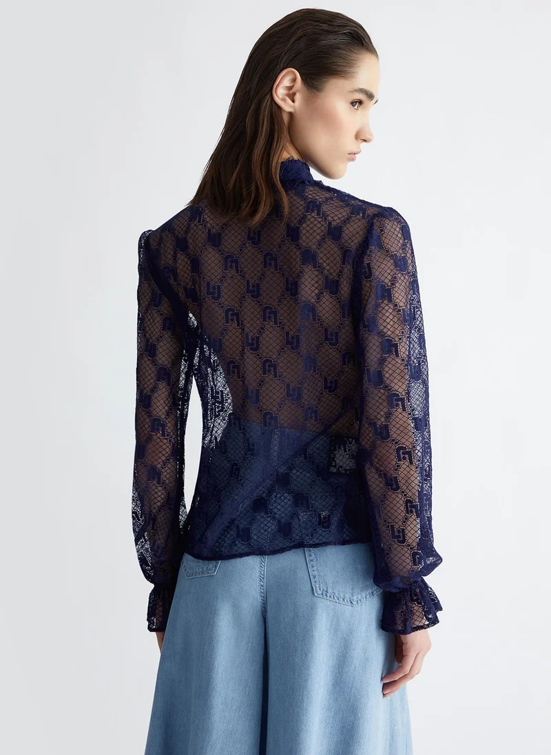 ليو جو قميص دانتيل مزبن بشعار الماركة