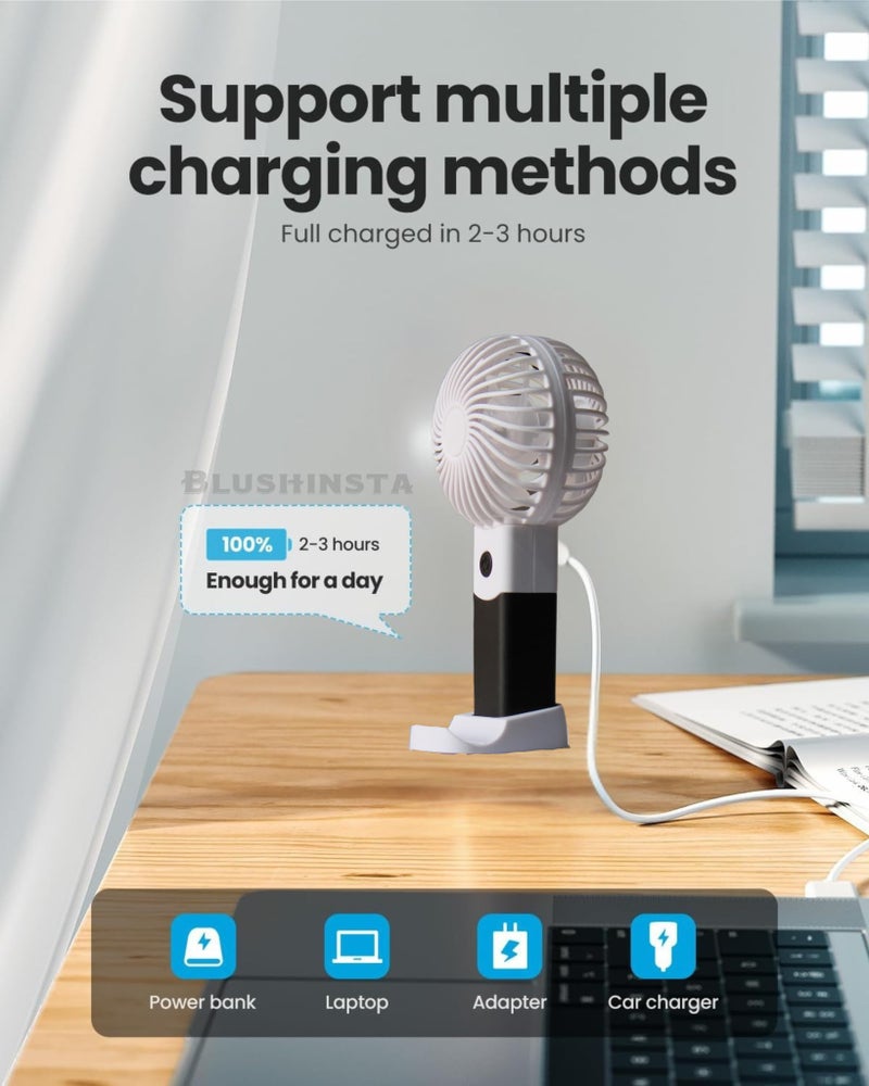 Blushinsta Mini Portable Handheld Fan – Powerful 3-Speed USB Rechargeable Fan with Base | Lightweight, Compact Personal Desk Fan for Girls, Women & Men | 15 cm, Black & White - Image 2