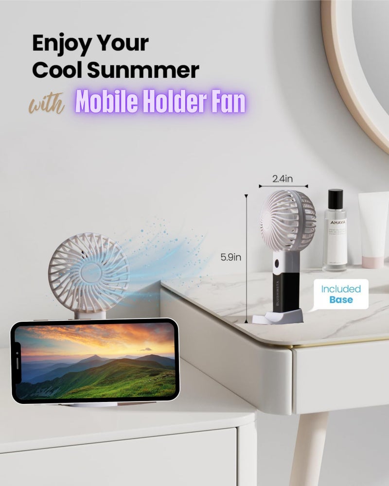 Blushinsta Mini Portable Handheld Fan – Powerful 3-Speed USB Rechargeable Fan with Base | Lightweight, Compact Personal Desk Fan for Girls, Women & Men | 15 cm, Black & White - Image 3