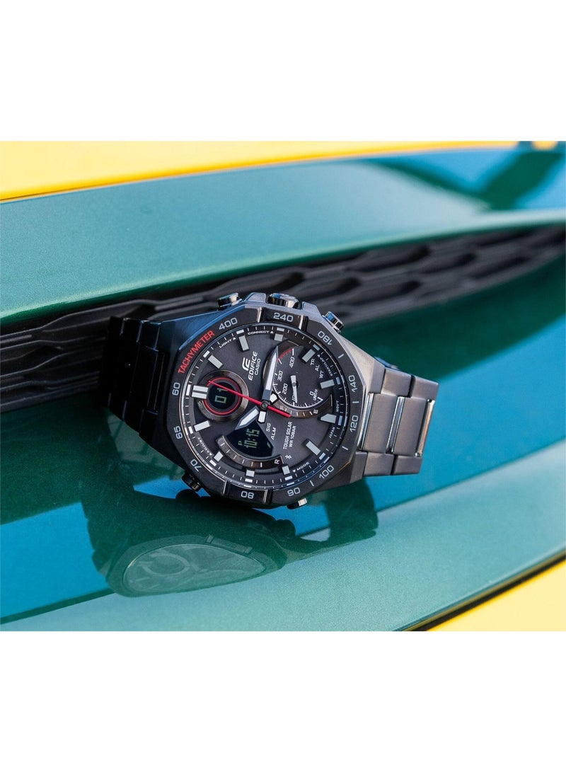 كاسيو ساعة كاسيو إديفيس ECB-950DC-1ADF للرجال بتقنية تاف سولار وبلوتوث، عرض تناظري رقمي مع هيكل وسوار ستانلس ستيل مطلي باللون الأسود – قرص أسود - Image 3