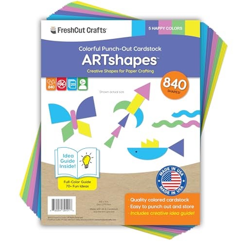 FreshCut Crafts ARTshapes 840 pc Creative Paper Shapes Pack with 70+ Idea Guide - US Made Card Stock - Punch Out Funky DIY Craft Supplies for Whimsical Art Designs, Paper Crafts, and Pattern Play 5 Happy Colors - Image 1