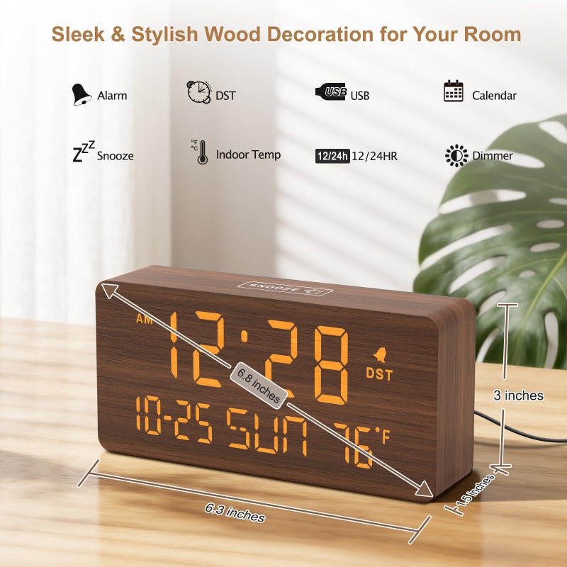 DreamSky Wooden Digital Alarm Clocks for Bedrooms - Living Room Desk Clock with Date and Day of Week, Temperature, USB Port, Dimmer Wheel, Adjustable Volume, Auto DST, Wood Decor for Office Table - Image 2