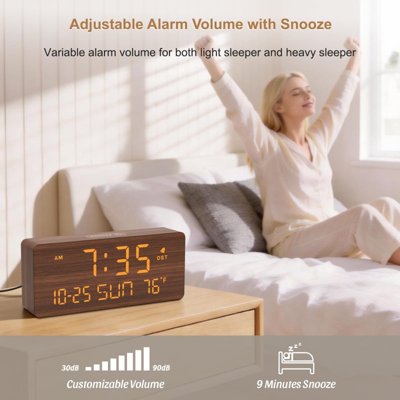 DreamSky Wooden Digital Alarm Clocks for Bedrooms - Living Room Desk Clock with Date and Day of Week, Temperature, USB Port, Dimmer Wheel, Adjustable Volume, Auto DST, Wood Decor for Office Table - Image 3
