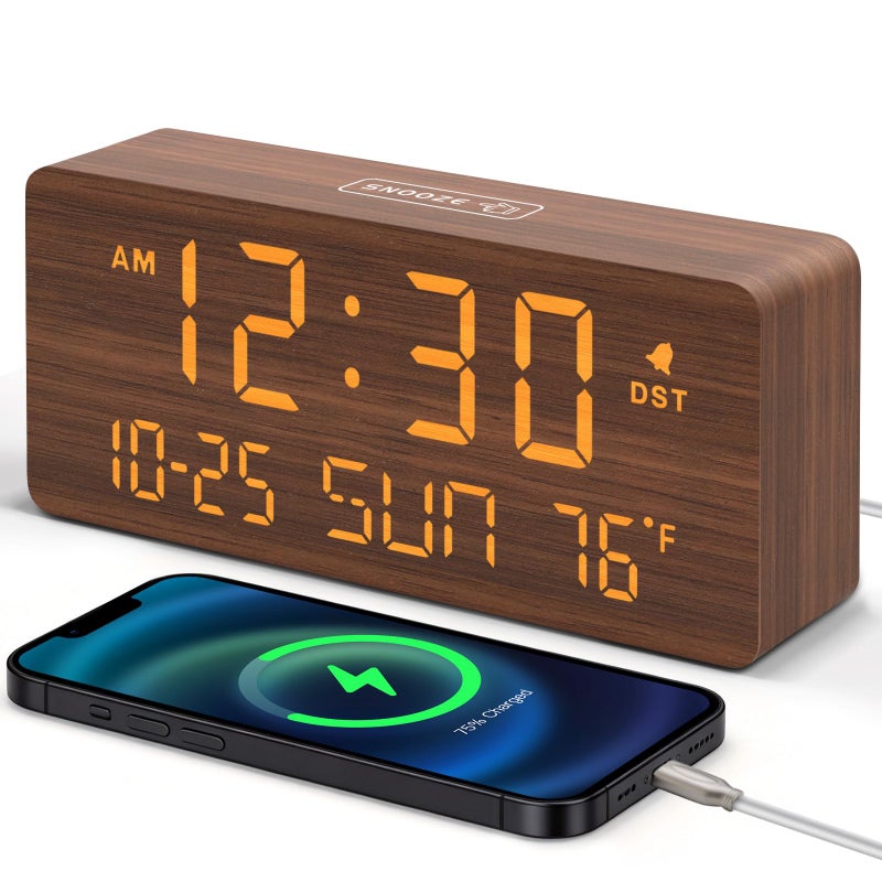 DreamSky Wooden Digital Alarm Clocks for Bedrooms - Living Room Desk Clock with Date and Day of Week, Temperature, USB Port, Dimmer Wheel, Adjustable Volume, Auto DST, Wood Decor for Office Table - Image 1