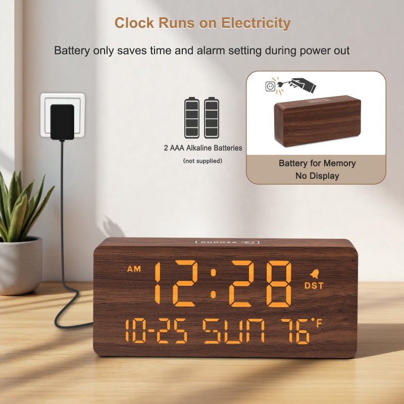 DreamSky Wooden Digital Alarm Clocks for Bedrooms - Living Room Desk Clock with Date and Day of Week, Temperature, USB Port, Dimmer Wheel, Adjustable Volume, Auto DST, Wood Decor for Office Table - Image 5