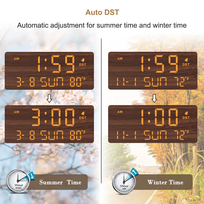 DreamSky Wooden Digital Alarm Clocks for Bedrooms - Living Room Desk Clock with Date and Day of Week, Temperature, USB Port, Dimmer Wheel, Adjustable Volume, Auto DST, Wood Decor for Office Table - Image 4