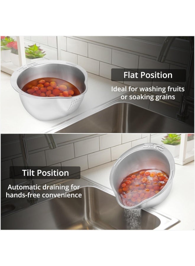 هابي هوم مصفاة غسيل الأرز من الستانلس ستيل الآمن غذائيًا – وعاء تصفية متعدد الاستخدامات لغسل وتنظيف وتصريف الأرز والمكرونة والكينوا والخضروات والفواكه والحبوب – مقاومة للصدأ بفتحات دقيقة تمنع سقوط الحبوب – وعاء متين وسهل التنظيف وآمن للغسالة - Image 4