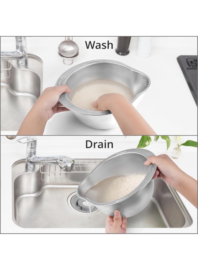هابي هوم مصفاة غسيل الأرز من الستانلس ستيل الآمن غذائيًا – وعاء تصفية متعدد الاستخدامات لغسل وتنظيف وتصريف الأرز والمكرونة والكينوا والخضروات والفواكه والحبوب – مقاومة للصدأ بفتحات دقيقة تمنع سقوط الحبوب – وعاء متين وسهل التنظيف وآمن للغسالة - Image 5